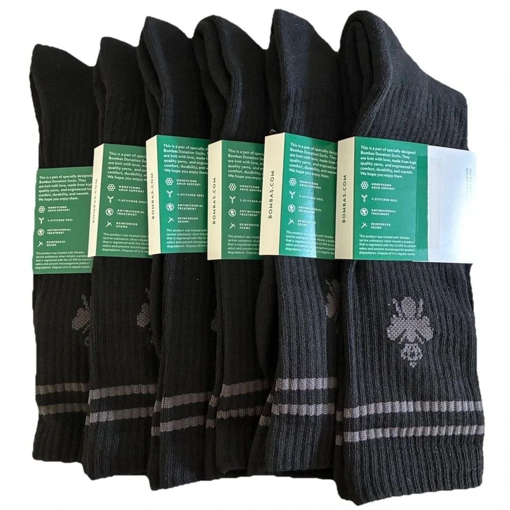 BOMBAS Socks Men's XL Black Gray Stripe‎ Calf Logo (US 13.5-16) NEW Lot Of 6